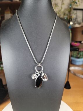 Silver Necklace with Black and Clear Crystal Charms